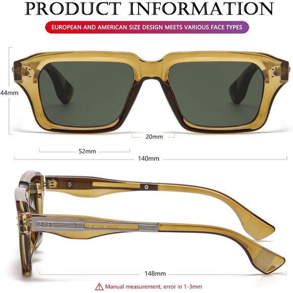 Retro Rectangle Olive Green Sunglasses Men Women Fashion Square Frame Shades - Picture 5 of 6